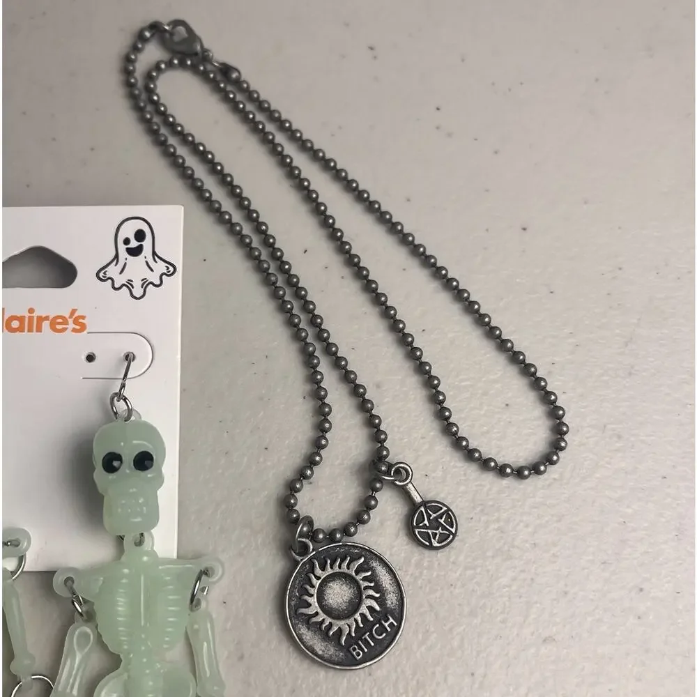 Halloween Glow In The Dark Skeleton Earrings Spooky Necklaces Bracelet Set Lot
